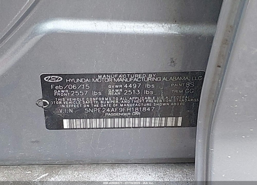 2015 HYUNDAI SONATA VIN: 5NPE24AF9FH181847