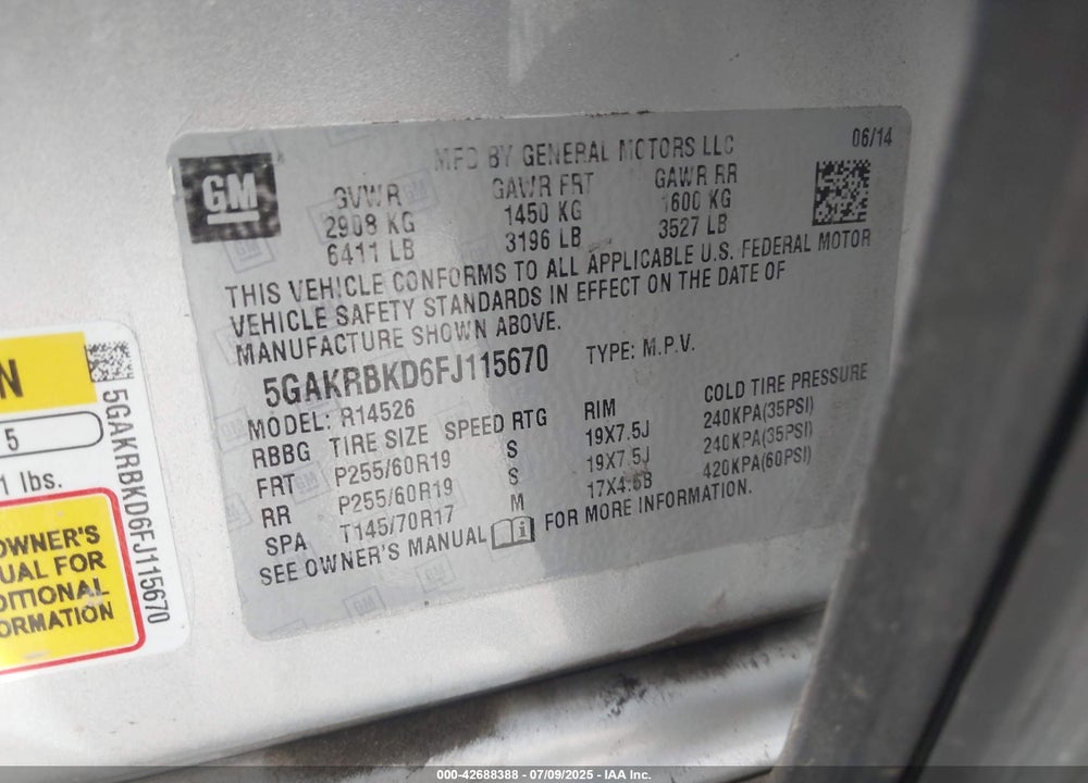 2015 BUICK ENCLAVE VIN: 5GAKRBKD6FJ115670