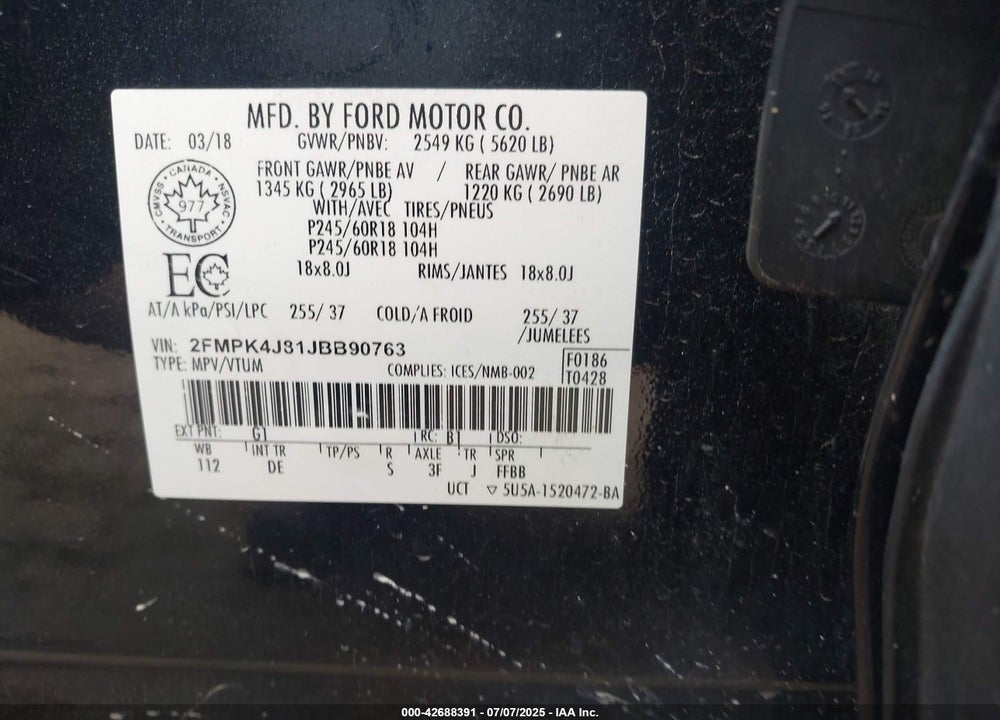 2018 FORD EDGE VIN: 2FMPK4J81JBB90763