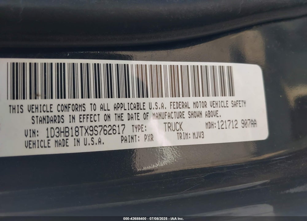 2009 DODGE RAM 1500 VIN: 1D3HB18TX9S762617