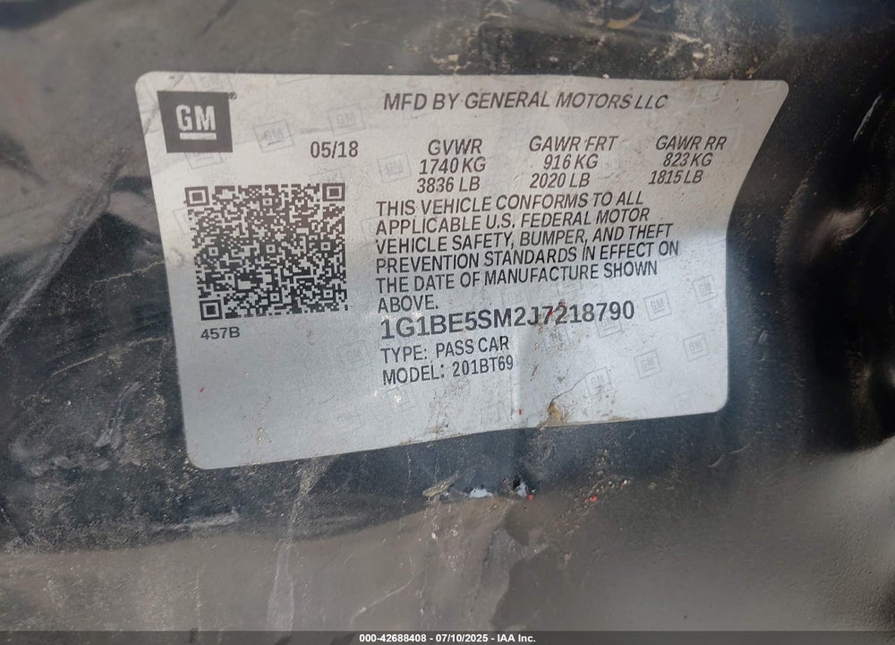 2018 CHEVROLET CRUZE VIN: 1G1BE5SM2J7218790