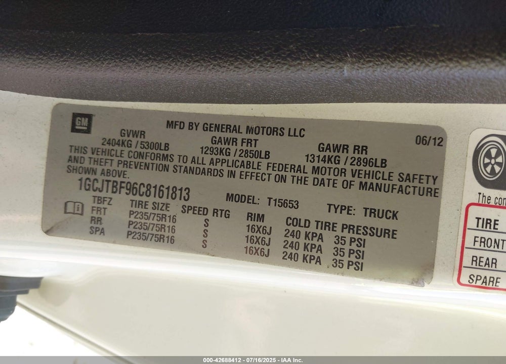 2012 CHEVROLET COLORADO VIN: 1GCJTBF96C8161813