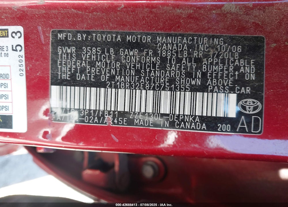 2007 TOYOTA COROLLA VIN: 2T1BR32E87C751355
