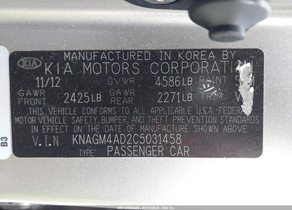 2012 KIA OPTIMA HYBRID VIN: KNAGM4AD2C5031458