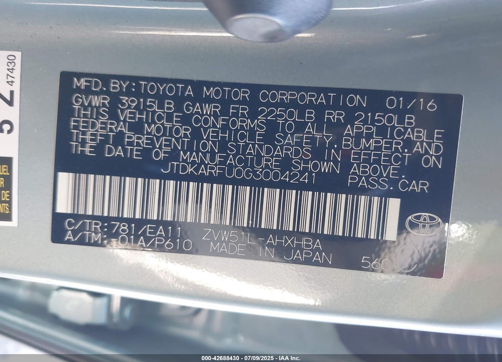 2016 TOYOTA PRIUS VIN: JTDKARFU0G3004241
