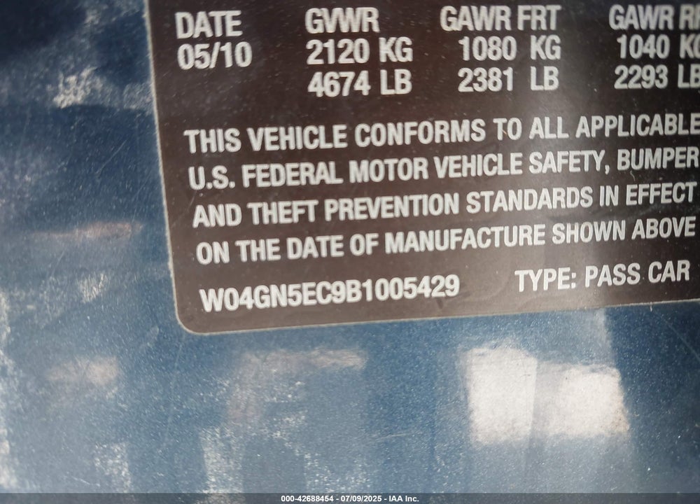 2011 BUICK REGAL VIN: W04GN5EC9B1005429