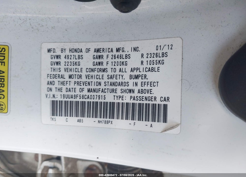 2012 ACURA TL VIN: 19UUA9F58CA007915
