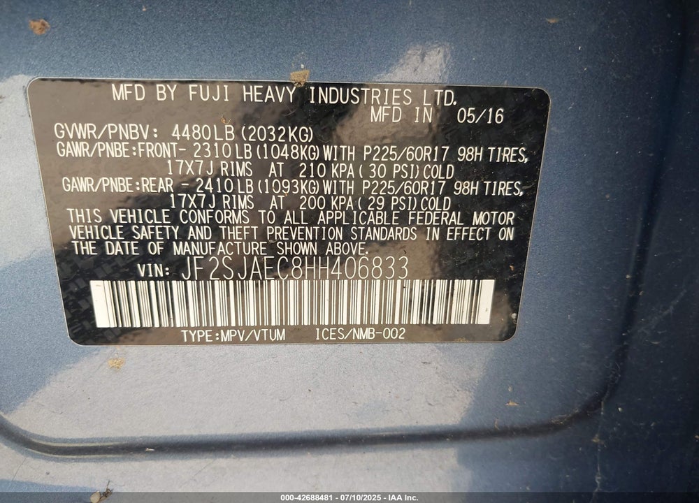 2017 SUBARU FORESTER VIN: JF2SJAEC8HH406833