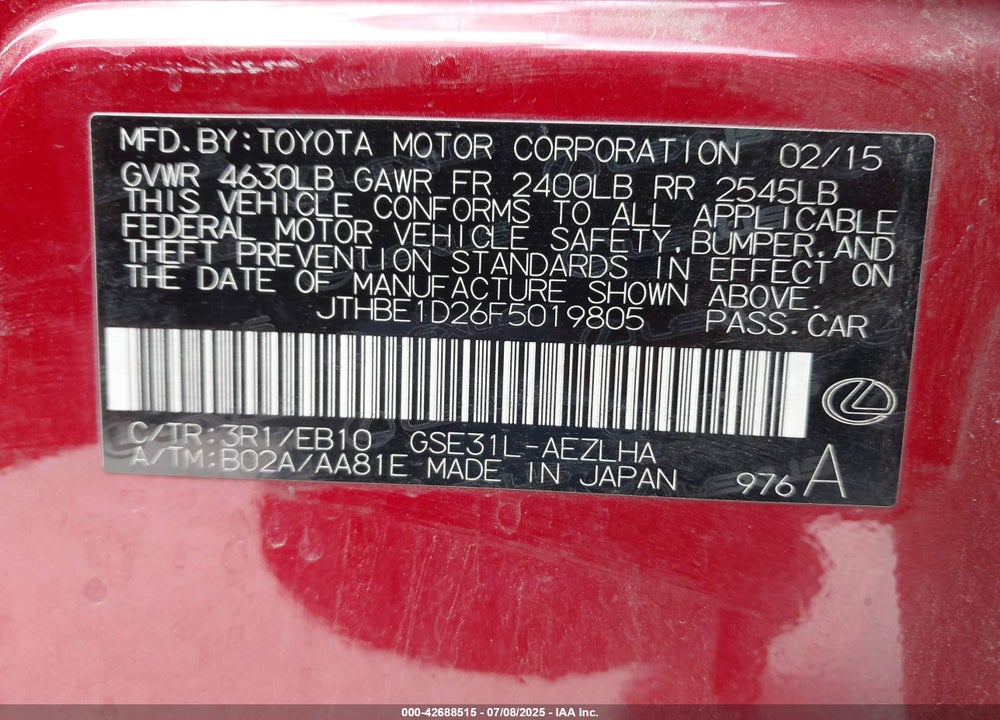 2015 LEXUS IS 350 VIN: JTHBE1D26F5019805