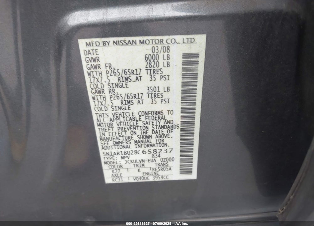2008 NISSAN PATHFINDER LE VIN: 5N1AR18U28C658237