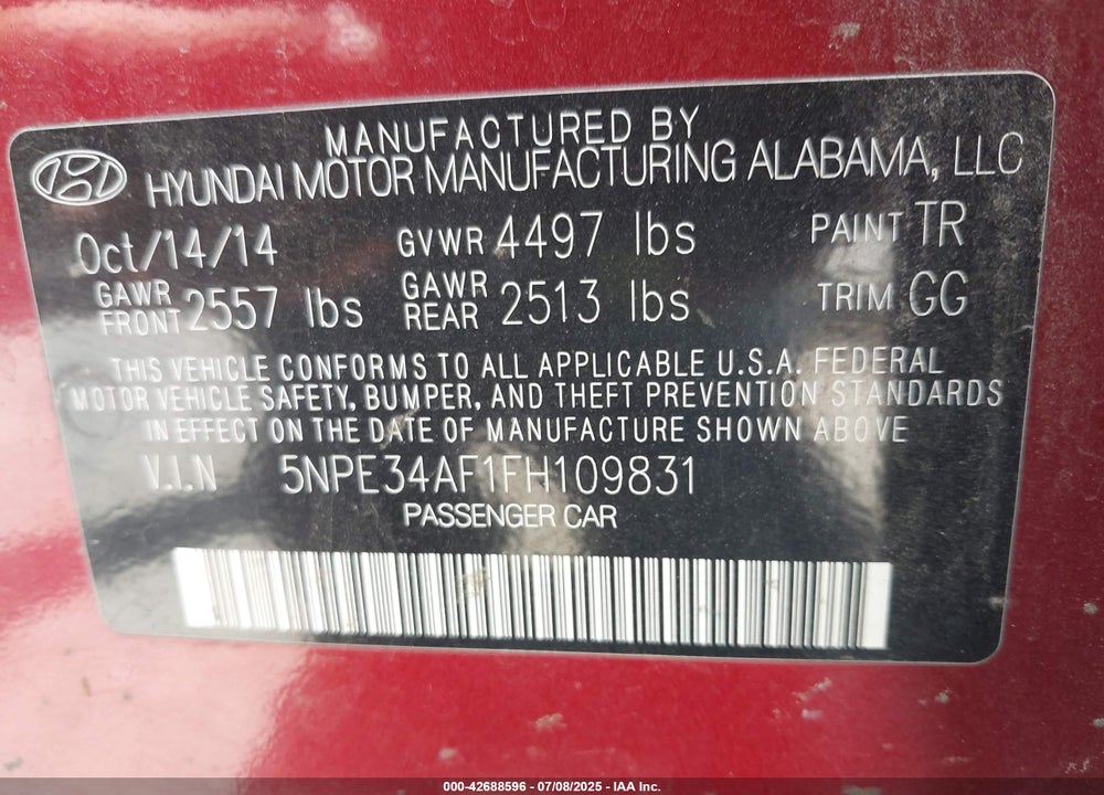 2015 HYUNDAI SONATA VIN: 5NPE34AF1FH109831