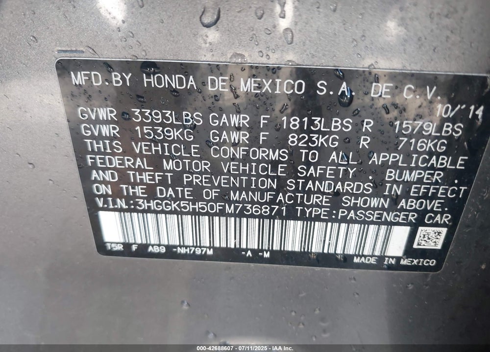 2015 HONDA FIT VIN: 3HGGK5H50FM736871