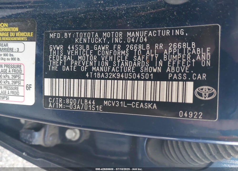 2004 TOYOTA CAMRY VIN: 4T1BA32K94U504501