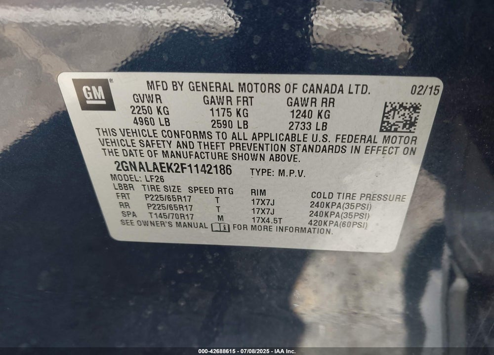 2015 CHEVROLET EQUINOX VIN: 2GNALAEK2F1142186