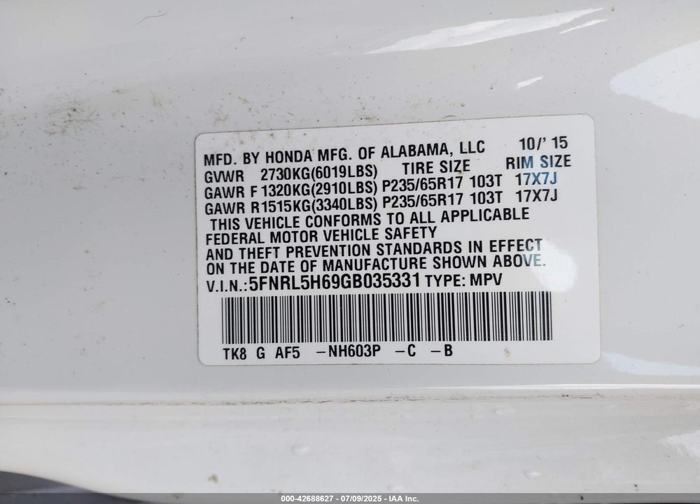 2016 HONDA ODYSSEY EX-L VIN: 5FNRL5H69GB035331