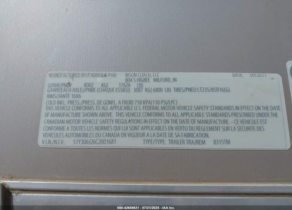 2012 BISON COACH STRATUS M-8315 TM VIN: 51Y306J26C2001681