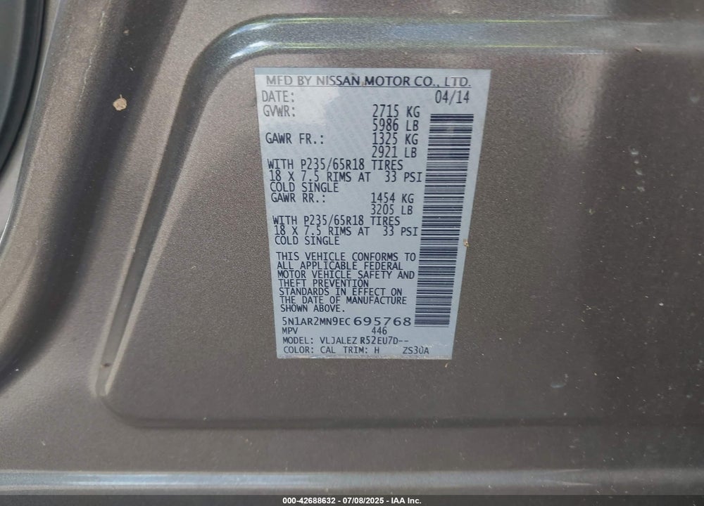 2014 NISSAN PATHFINDER VIN: 5N1AR2MN9EC695768
