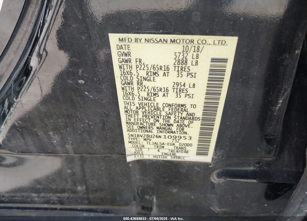 2006 NISSAN QUEST 3.5 S VIN: 5N1BV28U26N109953