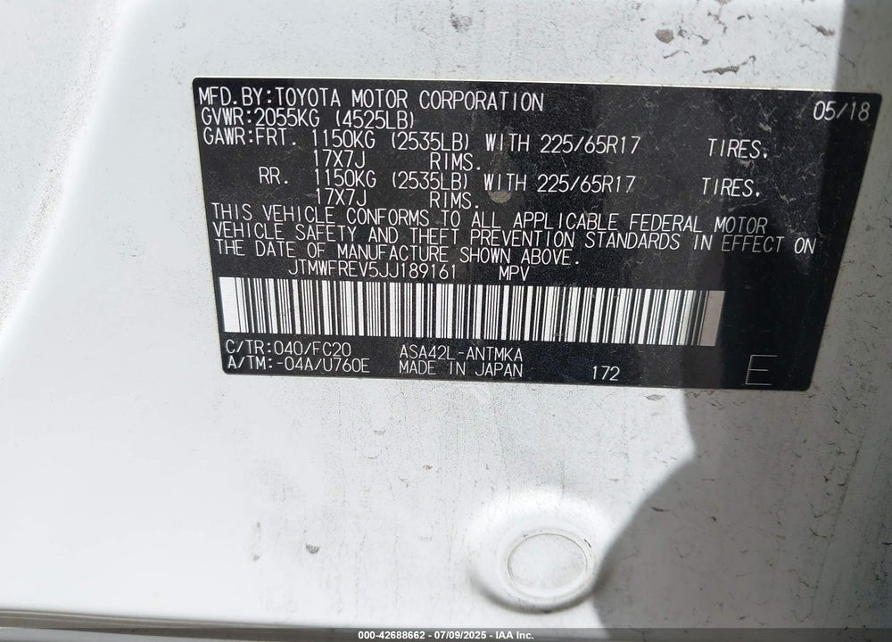2018 TOYOTA RAV4 VIN: JTMWFREV5JJ189161