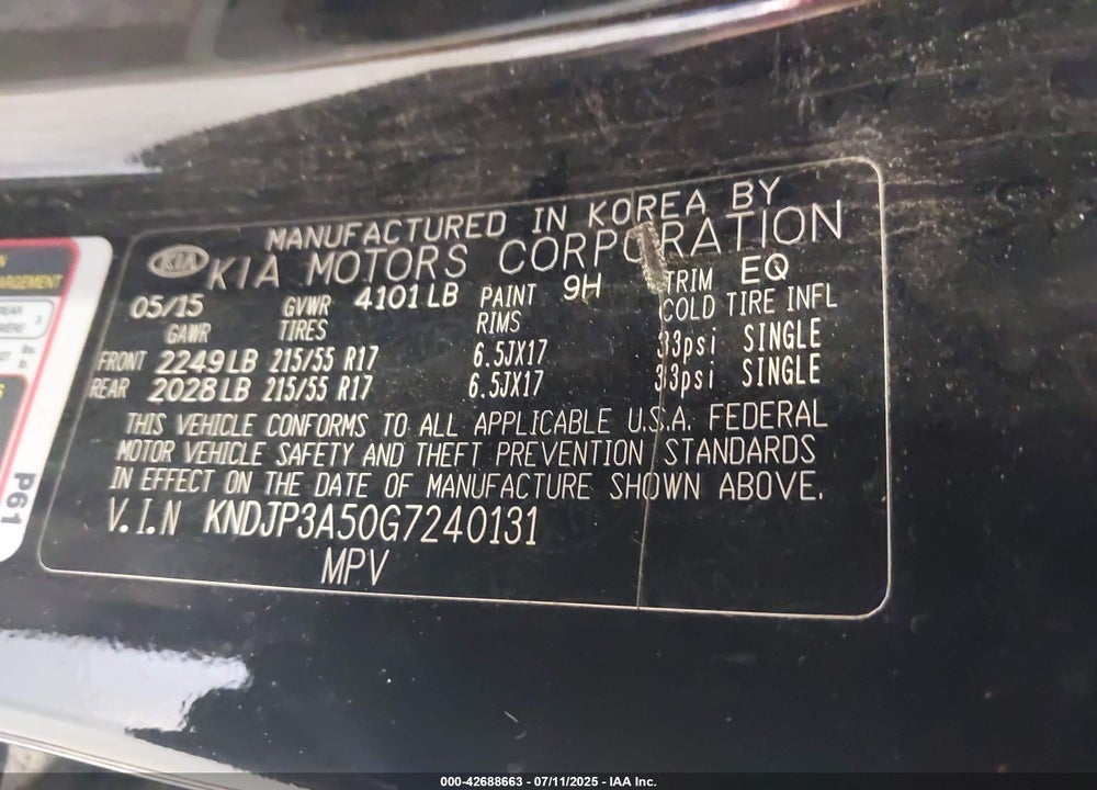 2016 KIA SOUL VIN: KNDJP3A50G7240131