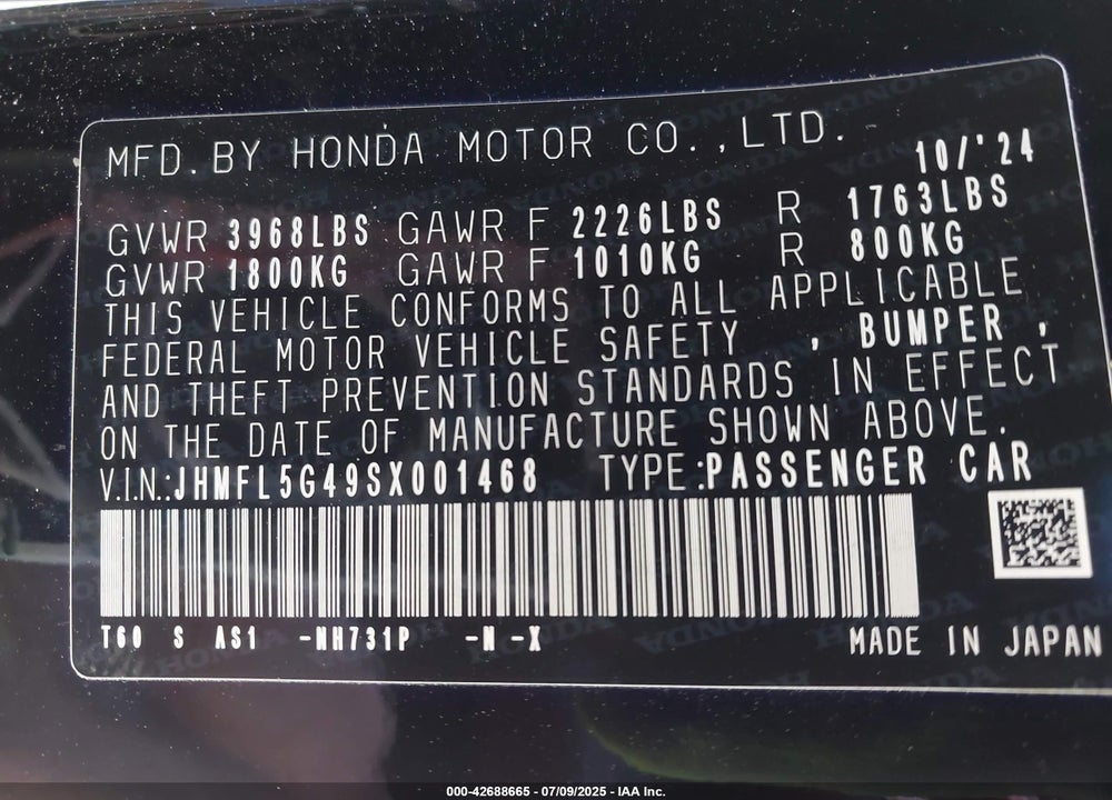 2025 HONDA CIVIC VIN: JHMFL5G49SX001468