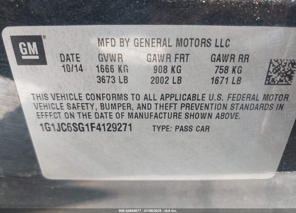 2015 CHEVROLET SONIC LT AUTO VIN: 1G1JC6SG1F4129271