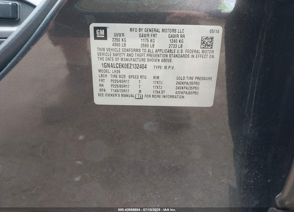 2014 CHEVROLET EQUINOX VIN: 1GNALCEK0EZ132404