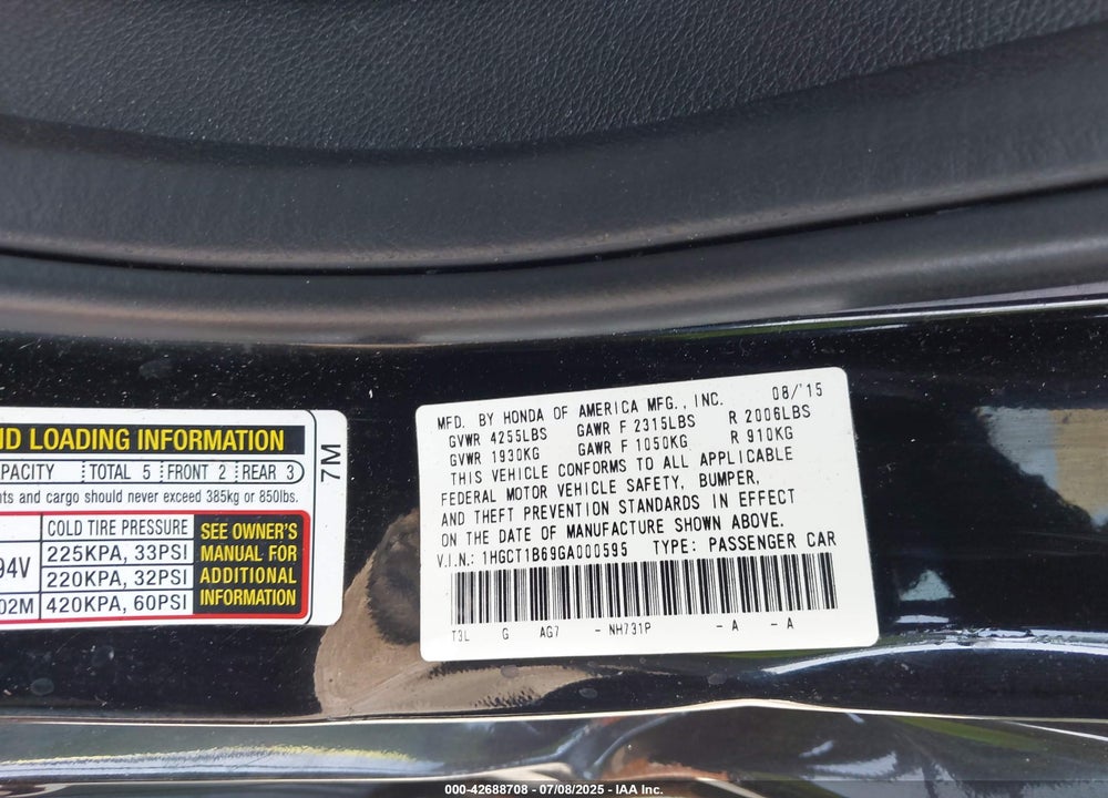 2016 HONDA ACCORD VIN: 1HGCT1B69GA000595