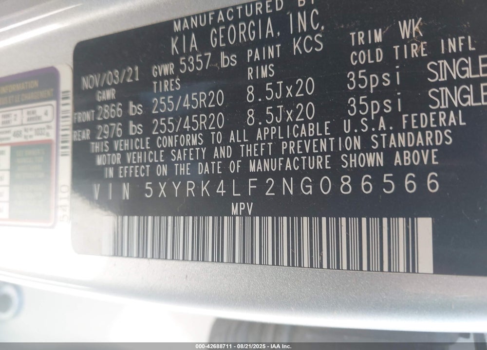 2022 KIA SORENTO VIN: 5XYRK4LF2NG086566