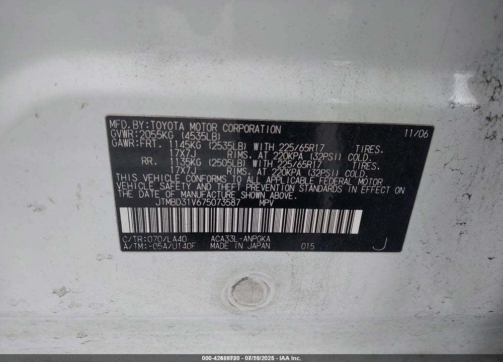 2007 TOYOTA RAV4 VIN: JTMBD31V675073587