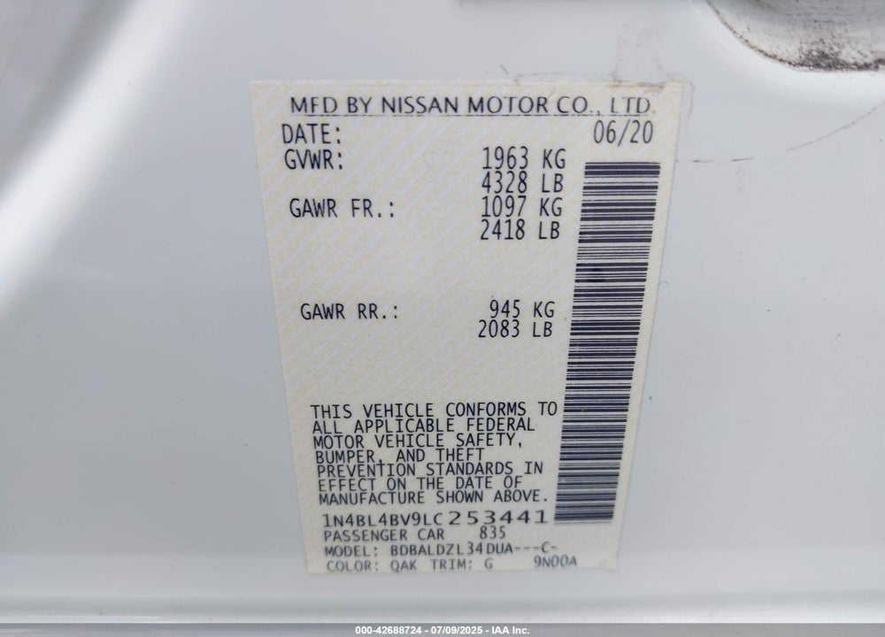 2020 NISSAN ALTIMA VIN: 1N4BL4BV9LC253441
