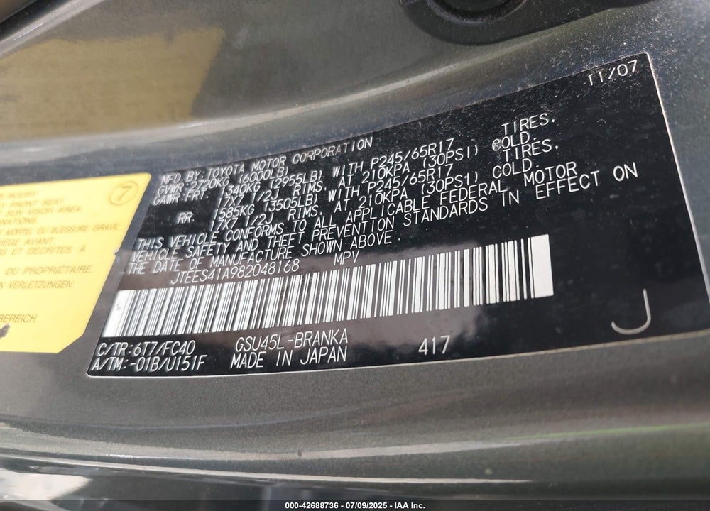 2008 TOYOTA HIGHLANDER VIN: JTEES41A982048168