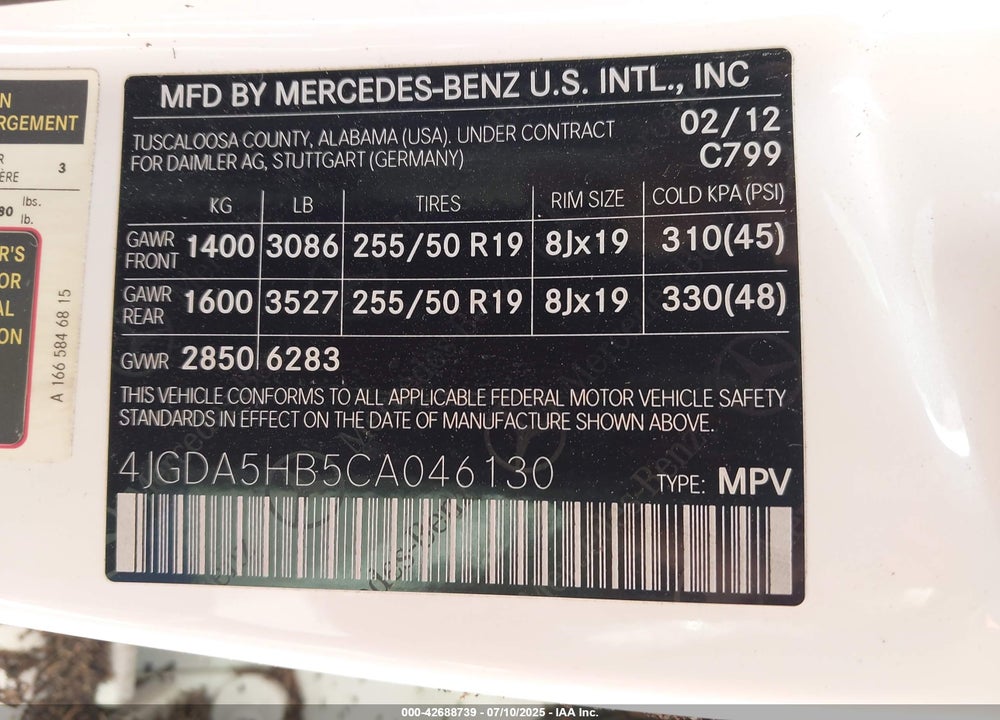 2012 MERCEDES-BENZ ML-CLASS VIN: 4JGDA5HB5CA046130