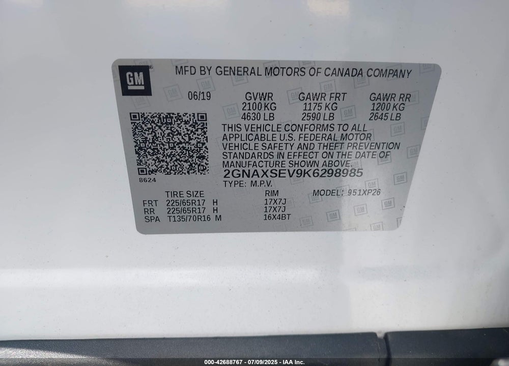 2019 CHEVROLET EQUINOX VIN: 2GNAXSEV9K6298985