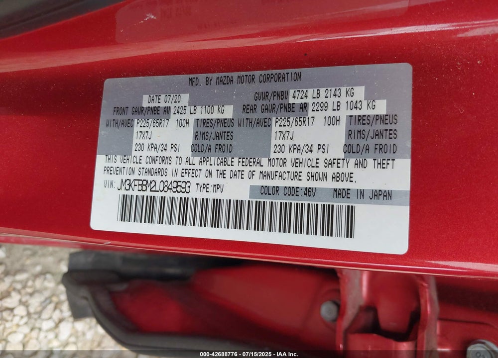 2020 MAZDA CX-5 VIN: JM3KFBBM2L0849593