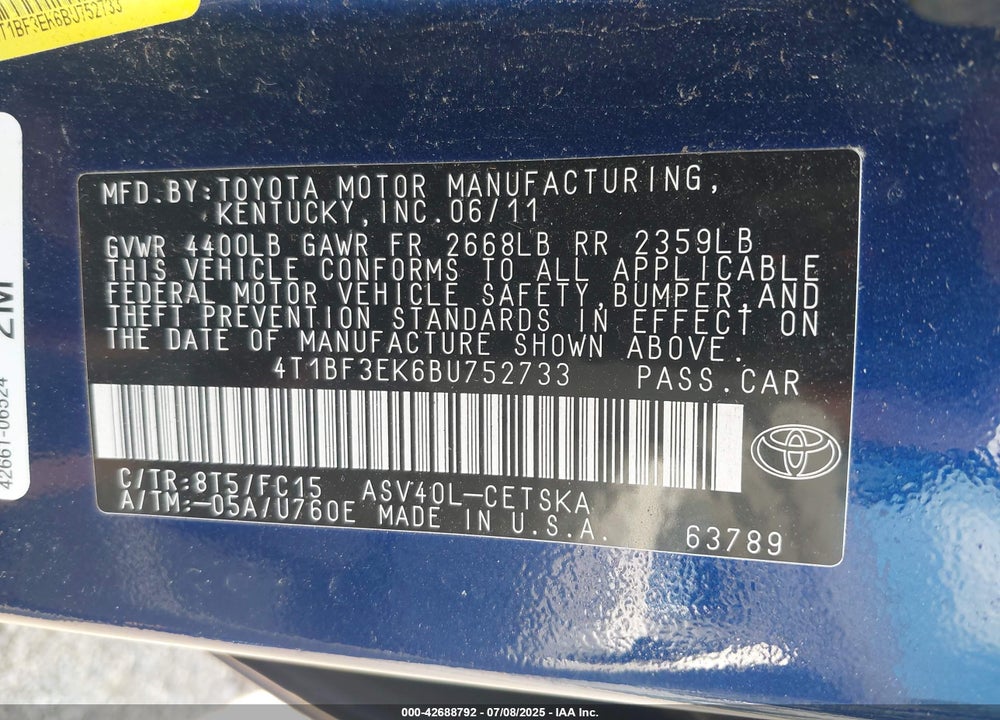 2011 TOYOTA CAMRY VIN: 4T1BF3EK6BU752733