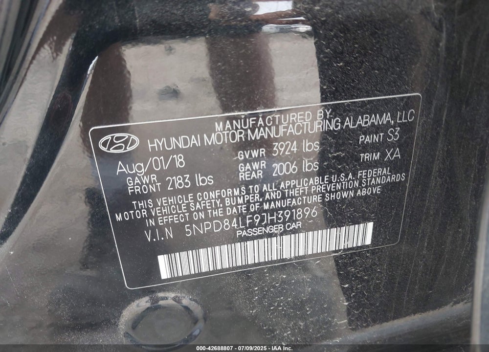 2018 HYUNDAI ELANTRA VIN: 5NPD84LF9JH391896