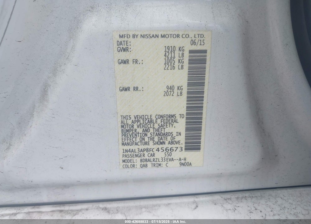 2015 NISSAN ALTIMA 2.5 SL VIN: 1N4AL3AP8FC456673