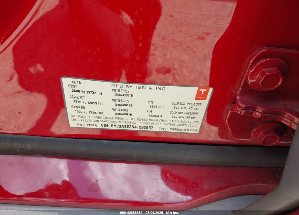 2018 TESLA MODEL S VIN: 5YJSA1E28JF292537