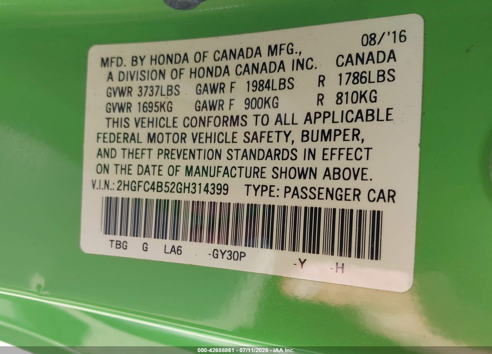 2016 HONDA CIVIC LX VIN: 2HGFC4B52GH314399