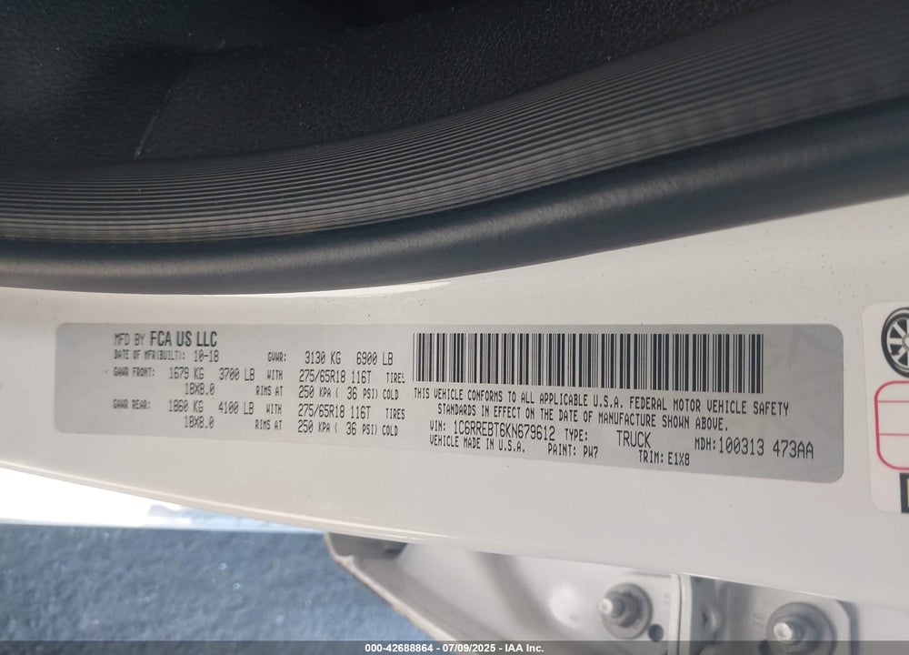 2019 RAM 1500 VIN: 1C6RREBT6KN679612