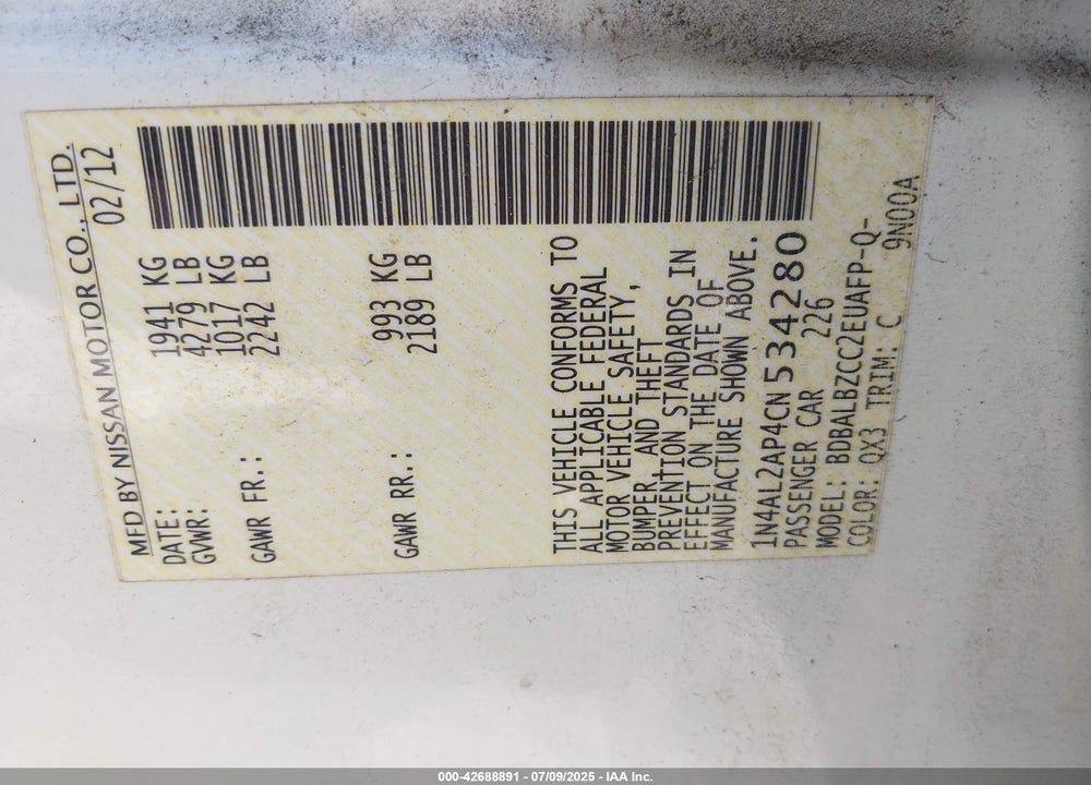 2012 NISSAN ALTIMA 2.5 S VIN: 1N4AL2AP4CN534280