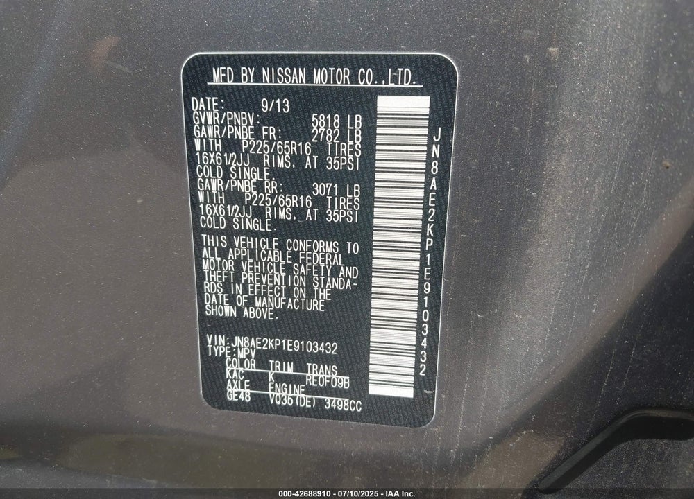 2014 NISSAN QUEST S VIN: JN8AE2KP1E9103432