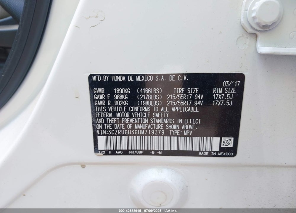 2017 HONDA HR-V VIN: 3CZRU6H36HM719379