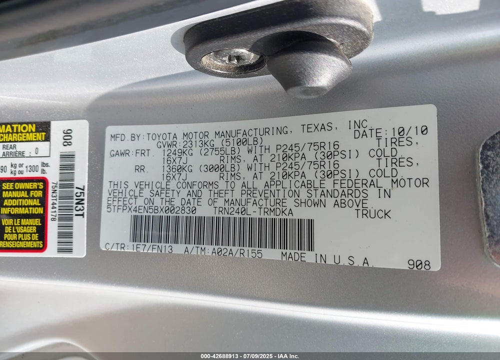 2011 TOYOTA TACOMA VIN: 5TFPX4EN5BX002830