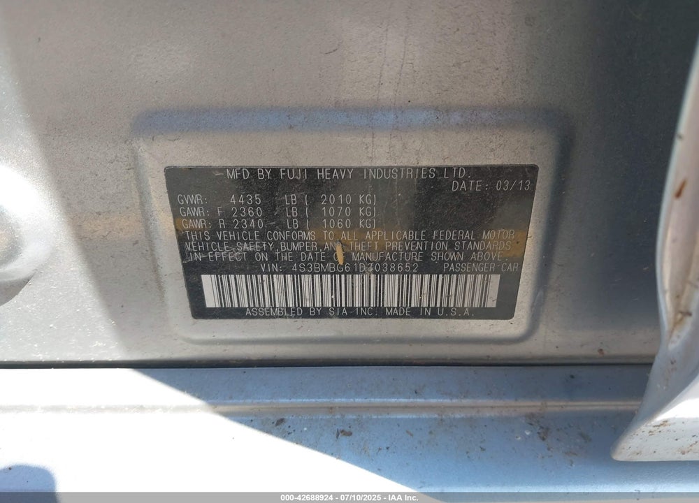 2013 SUBARU LEGACY 2.5I PREMIUM VIN: 4S3BMBG61D3038652