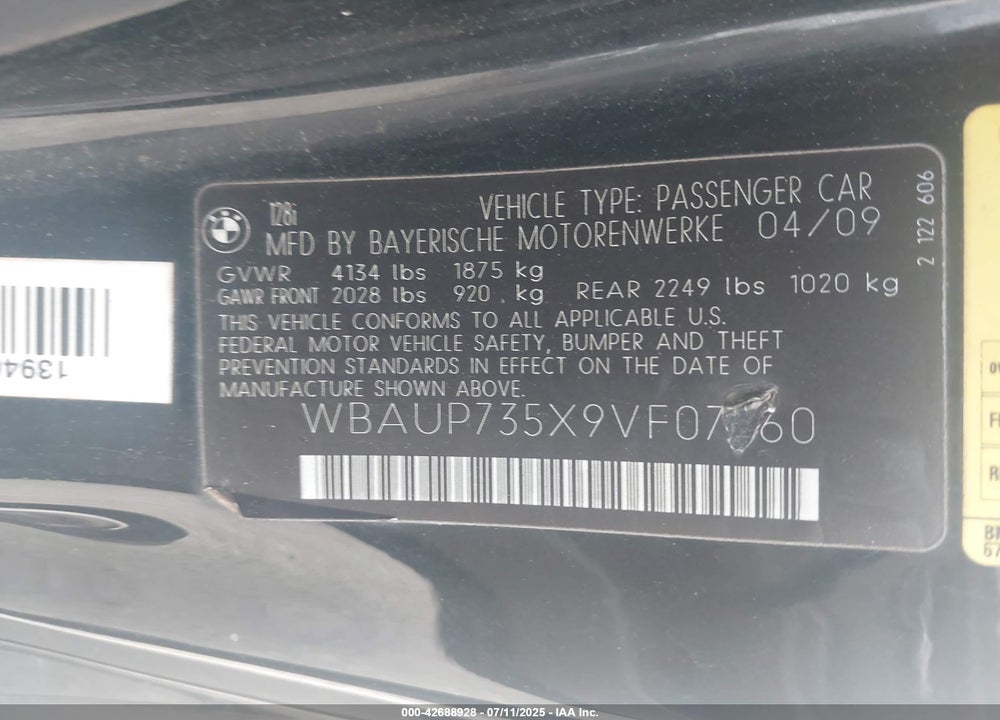2009 BMW 1 SERIES VIN: WBAUP735X9VF07260