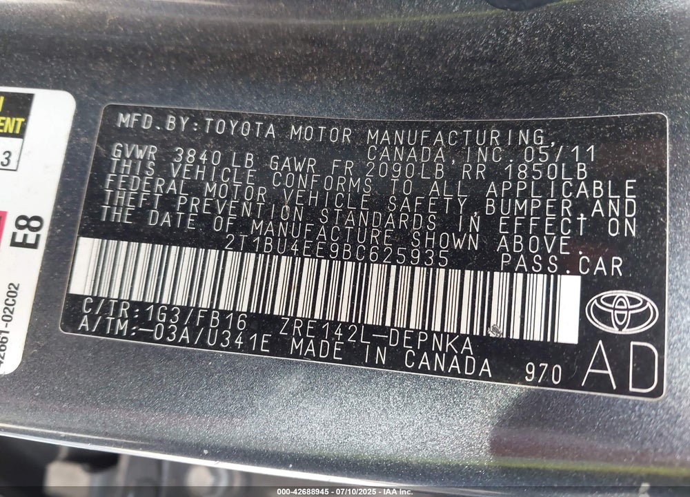 2011 TOYOTA COROLLA VIN: 2T1BU4EE9BC625935