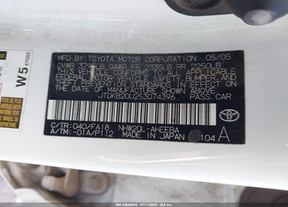 2005 TOYOTA PRIUS VIN: JTDKB20U253074396