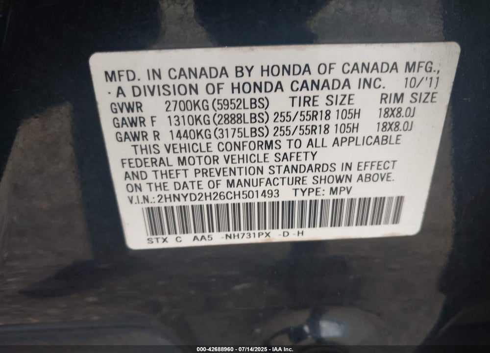 2012 ACURA MDX VIN: 2HNYD2H26CH501493